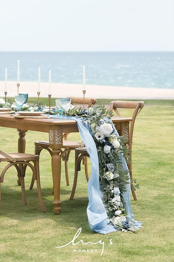 Artificial Flowers Garland, 6 Ft Dusty Blue Rose and Eucalyptus Vine
