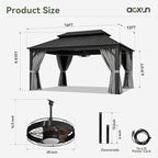 Aoxun 12'x16' Hardtop Gazebo, Aluminum Frame Canopy with Double Galvanized Steel Roof, Outdoor Metal Pavilion with Netting Curtains and 20 inch Ceiling Fans with Lights for Backyard, Patio and Deck
