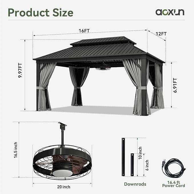 Aoxun 12'x16' Hardtop Gazebo, Aluminum Frame Canopy with Double Galvanized Steel Roof, Outdoor Metal Pavilion with Netting Curtains and 20 inch Ceiling Fans with Lights for Backyard, Patio and Deck