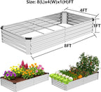 2 Pack 8x4x1FT Galvanized Metal Raised Garden Bed Kit for Vegetables, Herbs, Open-Bottom Large Capacity Outdoor Planter Box Gardening Stakes, Silver