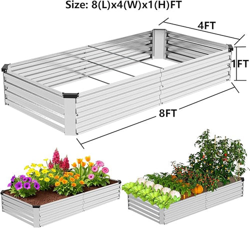 2 Pack 8x4x1FT Galvanized Metal Raised Garden Bed Kit for Vegetables, Herbs, Open-Bottom Large Capacity Outdoor Planter Box Gardening Stakes, Silver