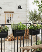 Metal Railing Planters for Outdoor Plants - 5 Pcs Balcony Hanging Flower Pots with Detachable Hooks & Drain Holes, Windowsill Oval Hanging Bucket Pots Fence Planters for Garden Home Decor, Black