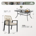 7 Pieces Patio Dining Set, 6 x Woven Rattan Chairs with Waterproof Cushion, 59" Rectangular Metal Dining Table with Umbrella Hole, Outdoor Table and Chairs Set for Backyard Lawn and Deck, Beige
