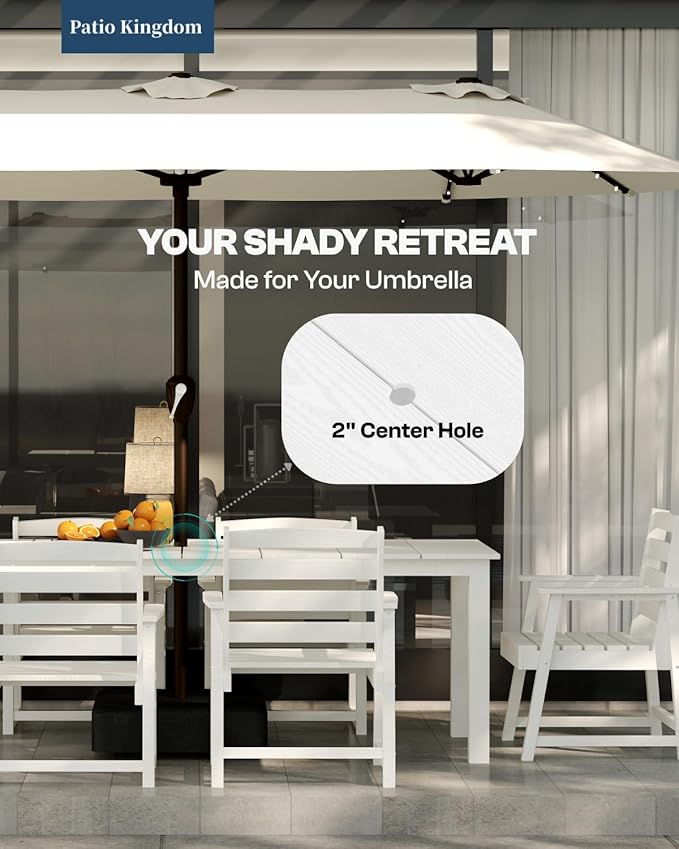 7-Piece White Outdoor Dining Set with White 15FT Large Patio Umbrella, 75.2'' HDPE Table & Chairs for 6, Weather-Resistant Furniture with Umbrella Hole for Patio, Lawn, Poolside