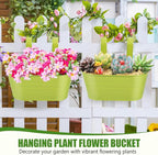 OBTANIM 4 Pack Metal Hanging Flower Pots Iron Railing Planter Outdoor Fence Hanging Pots Bucket Plant Holder with Detachable Hooks Drain Holes for Home Garden Yard Decor (Green)