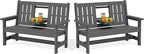 SERWALL Outdoor Bench with Cup Holder, 58" HDPE Garden Park Bench Suitable for 3 Person, All Weather Patio Benches with High Backrest and Wide Armrests for Garden, Park, Yard, Front Porch, Grey