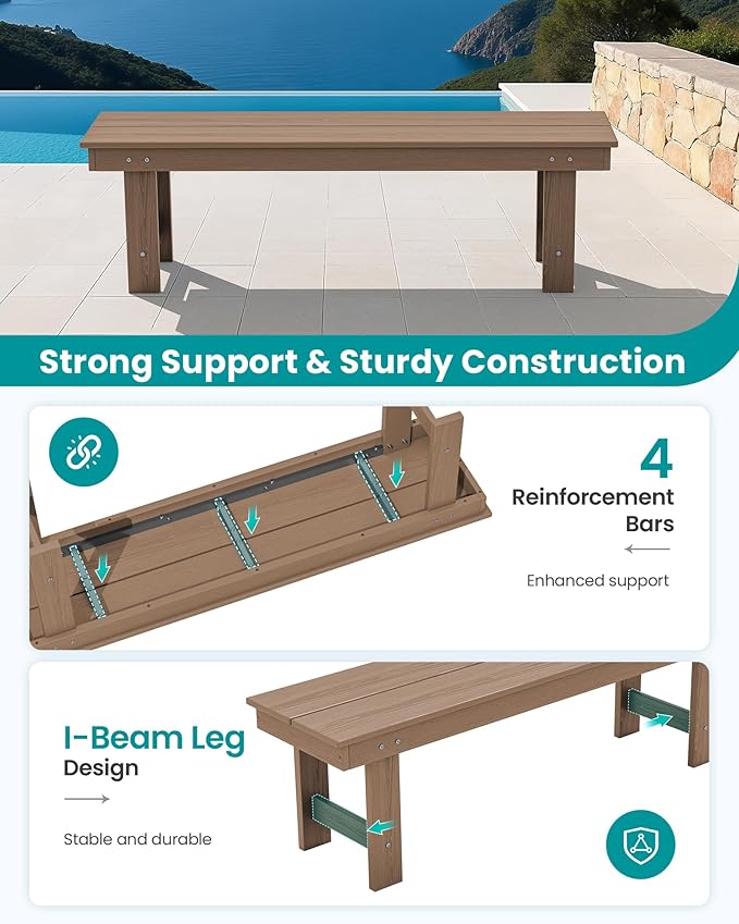 SERWALL 2-Person Outdoor Bench Backless, HDPE Outdoor Benches Weatherproof, 700 Lbs Weight Capacity, Poly Lumber Patio Furniture for Garden, Porch and Park, Brown, 2 Pack