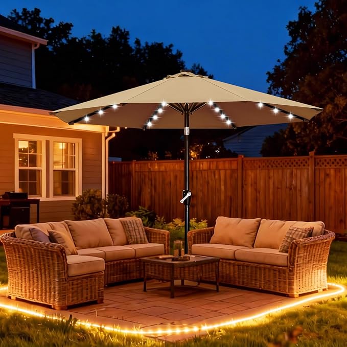 ABCCANOPY Durable Solar Led Patio Umbrellas with 32LED Lights 9FT (khaki)