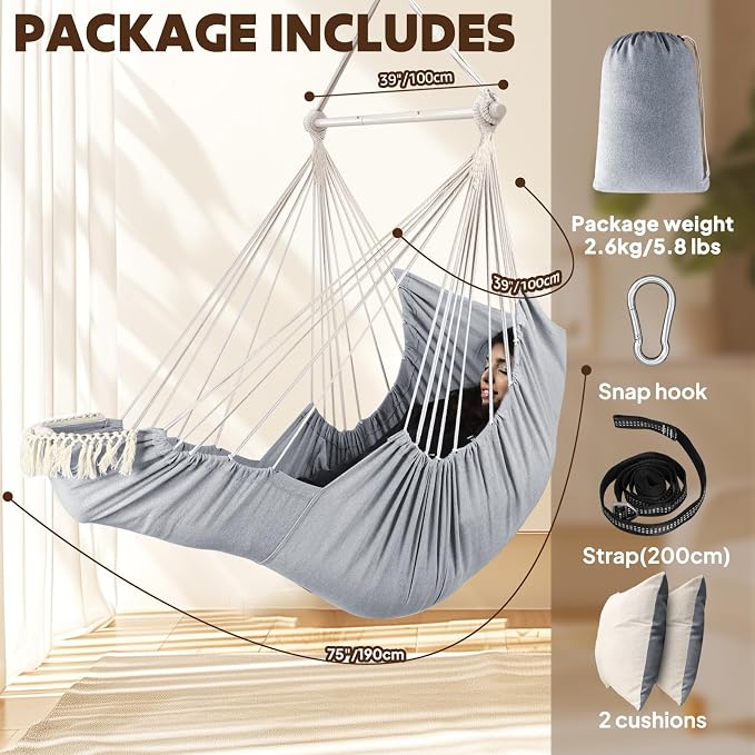 Hammock Chair with Foot Rest, 2 Cushions, 500 lb Capacity, Light Grey
