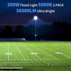 300W LED Flood Light Outdoor with Plug, 36000LM Ultra Brighter Security Light, IP66 Waterproof Exterior Plug in Floodlight, 5000K Daylight White for Lawn Yard Garden Stadium(2 Pack)