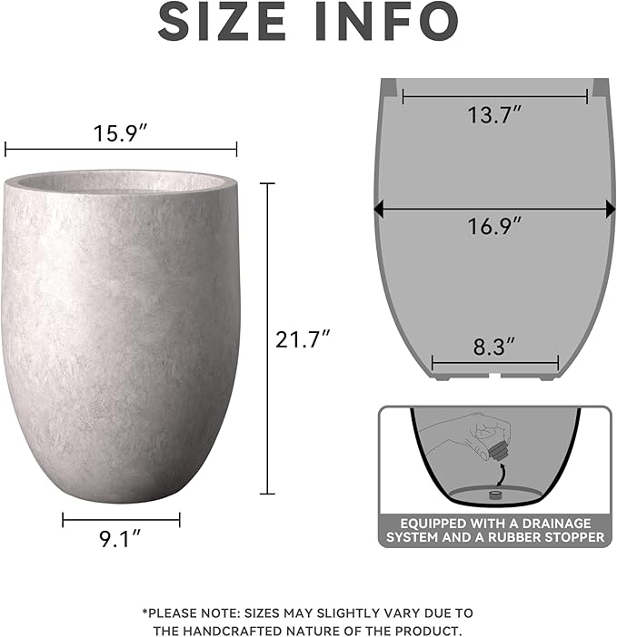 Kante Tall Concrete Planter, 21.7-Inch Height Light Gray Large Indoor Outdoor Plant Pot with Drainage Hole for Patio Garden Home, Modern Decor for Flowers and Tree