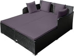 Outdoor Rattan Daybed, Patio Loveseat Sofa Set w/Comfortable Cushions, Extra Pillows & Metal Foot, Sunbed Wicker Furniture for Yard/Poolside/Living Room/Garden/Porch, Grey