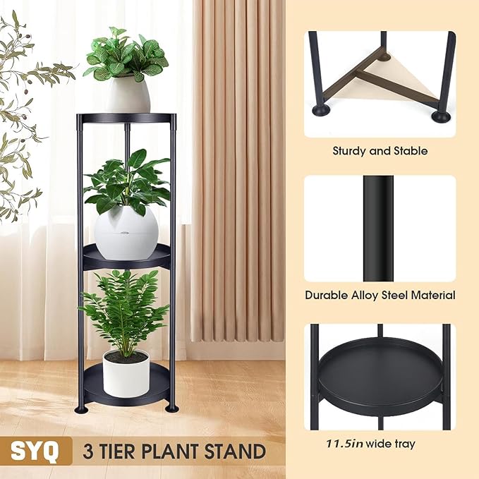 SYQ 3 Tier Plant Stand Indoor Outdoor - 34'' Extra-Tall Metal Plant Stands for Potted Plants Multiple Tiered Plant Shelf Vertical Black Iron Planter Rack Large Flower Pot Holder Table for Patio Corner