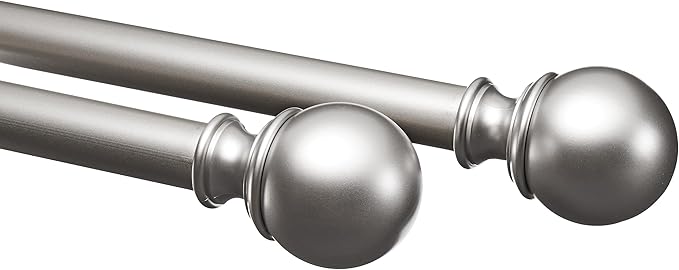 Amazon Basics Adjustable Heavy Duty Curtain Rod for Windows, Round Finials, 1-Inch Rod, 72" to 144", Nickel, 1-Pack