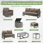 Belord Spacious 11 Pieces Patio Conversation Set - 5-Seater Outdoor Furniture Sectional Sets with Swivel Glider Chairs Set of 4 and Storage Box, Metal Top Coffee Table with Embedded Ottoman Gray
