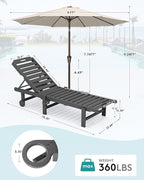 SERWALL Outdoor Chaise Lounge Set of 2 with 9FT Patio Umbrella, HDPE Pool Lounge Chair with 5-Position Adjustable Backrest, Patio Lounger with Rolling Wheels & Cup Holder for Pool, Grey