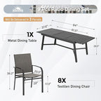 9 Piece Patio Dining Set for 8, Rectangular Extendable Dining Table, 8 Metal Brown Chairs, Outdoor Table and Chairs Set for Lawn Backyard and Deck