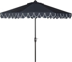 SAFAVIEH 9ft Outdoor Patio Umbrella, Round, Valance, Navy & White Trim, Auto Crank Tilt, UV Resistant for Deck, Backyard, Poolside (PAT8006A)