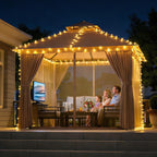 Aoxun 10x10 Outdoor Gazebo with 50FT LED Hanging Lights Metal Frame Canopy with Double Roofs Heavy Duty Party Tent Shelter with Mosquito Netting and Privacy Screen for Backyard, Lawn, Garden(Khaki)