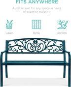 Best Choice Products Outdoor Bench Steel Garden Patio Porch Furniture for Lawn, Park, Deck w/Floral Design Backrest, Slatted Seat - Peacock Blue