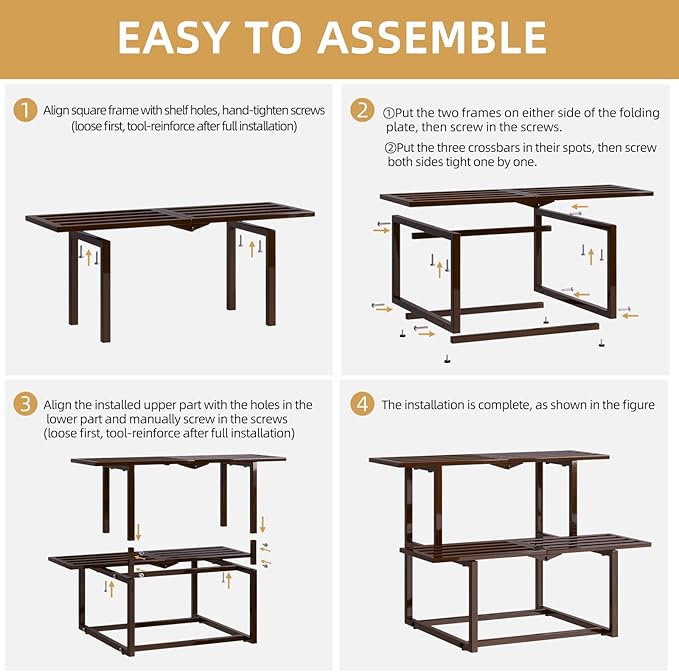 Metal Plant Stand, Foldable Heavy Duty Indoor, Window Iron Plant Shelf - Mid Century Modern Slatted Display for Patio, Garden, Living Room Load Bearing 330 lbs 26" L x 20.2" H x 17.7" W 2 Tier Coffee