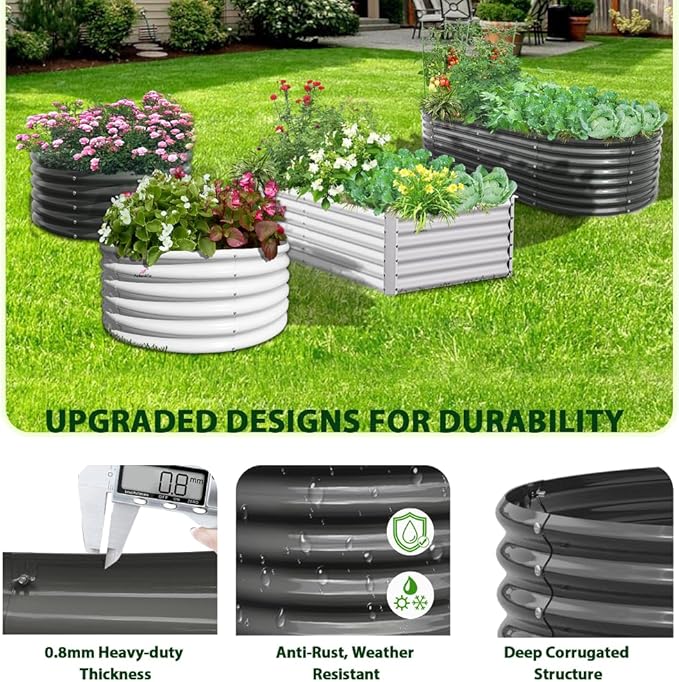 A ANLEOLIFE 4-Set 8X4X2 ft Galvanized Raised Garden Bed Kit, Oval Metal Deep Root Planters for Outdoor Plants, Quartz Grey
