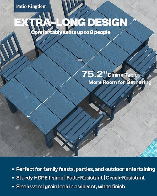 5-Piece White Outdoor Dining Set for 4, 75.2'' HDPE Table with Umbrella Hole & Chairs, Weather-Resistant Patio Furniture for Garden, Lawn, or Poolside