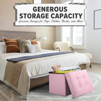 LINMAGCO Storage Ottoman Folding Foot Stool Foot Rest with Side Pocket Modern Ottoman with Storage Short Sofa Stool Linen Cloth 17x13x13(Pink)