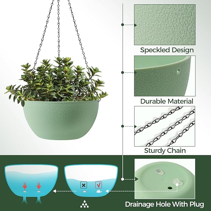 T4U 10 Inch Hanging Planters for Indoor Outdoor Plants, 2 Pack Plastic Hanging Planter, Indoor Hanging Plant Pots, Hanging Basket with Drainage Holes, Flower Pots for Garden Home Decor，Green