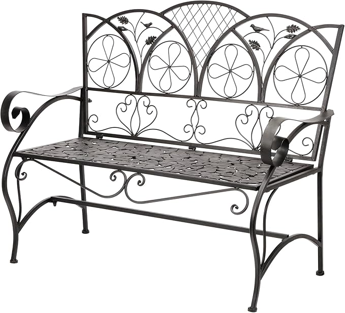 Alpine Corporation 45" Long Outdoor Metal Classic Bench with Stylish Patterns, Garden Furnitures - Brown