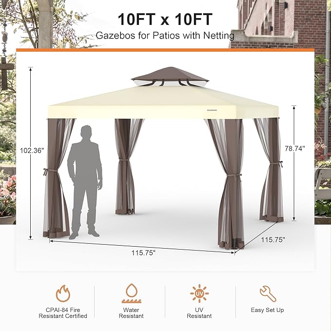 Patio Gazebo Tent Outdoor Canopy Shelter 10'x10' with Removable Netting,100 Square Feet of Shade for Garden, Backyard Deck and Lawns (Beige)