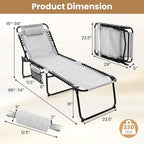 GYMAX Lounge Chairs for Outside, Extra High Folding Beach Tanning Lounger with Adjustable Backrest, Footrest & Removable Pillow, Sunbathing Lounge for Patio, Poolside (2, Grey with Pocket)