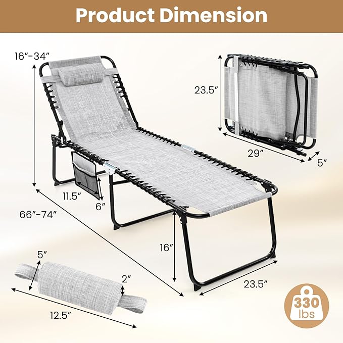 GYMAX Lounge Chairs for Outside, Extra High Folding Beach Tanning Lounger with Adjustable Backrest, Footrest & Removable Pillow, Sunbathing Lounge for Patio, Poolside (2, Grey with Pocket)