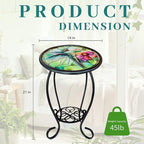 LIFFY Patio Side Table, 14" Round Mosaic Outdoor Table with Glass Hummingbird Tabletop, 21" Height 2-Tier Indoor Small Decorative Plant Stand & Accent Table with Metal Frame for Garden, Yard, Home