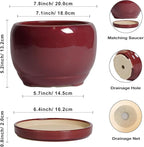 SQOWL Ceramic Planter - 8 Inch Plant Pot with Drainage Hole and Saucer, Round Planter for Indoor Outdoor Plants, Modern Decorative Flower Pots, Home Decor, Plant Lover Gifts, Red
