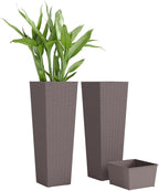 Outsunny 23.6 Inch Tall Planters for Outdoor Plants, Set of 2 Plastic Rattan-Like Flower Pots with Drainage Holes, Stackable Tapered Planters for Indoor Plants, Front Porch, Brown