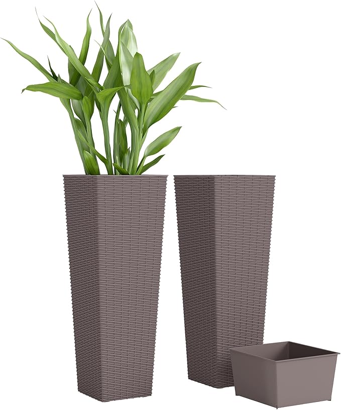 Outsunny 23.6 Inch Tall Planters for Outdoor Plants, Set of 2 Plastic Rattan-Like Flower Pots with Drainage Holes, Stackable Tapered Planters for Indoor Plants, Front Porch, Brown