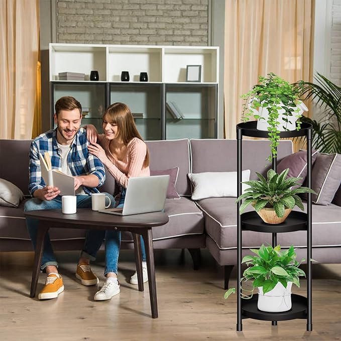 SYQ 3 Tier Plant Stand Indoor Outdoor - 34'' Extra-Tall Metal Plant Stands for Potted Plants Multiple Tiered Plant Shelf Vertical Black Iron Planter Rack Large Flower Pot Holder Table for Patio Corner