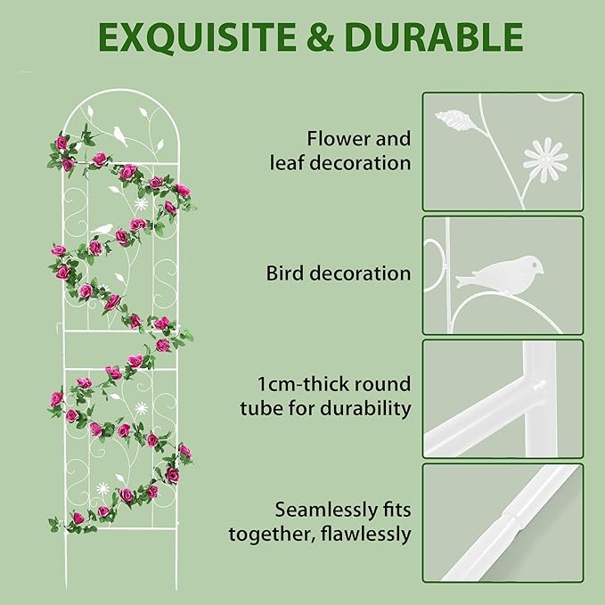 Metal Garden Trellis for Climbing Plants, 86.5" x 19.7" Metal Plant Trellis Outdoor, White Iron Garden Trellis, Clematis Rrellis Outdoor, Arched Decoration Suitable for courtyards, lawns, Gard, White