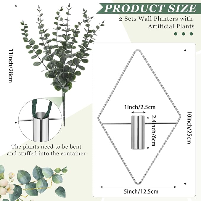Jexine 8 Pcs Hanging Planters with Artificial Eucalyptus Metal Hanging Vase Indoor Plants Holder Modern Geometric Boho Bathroom Wall Decor for Living Room Home Office (Eucalyptus,Chrome Sliver)