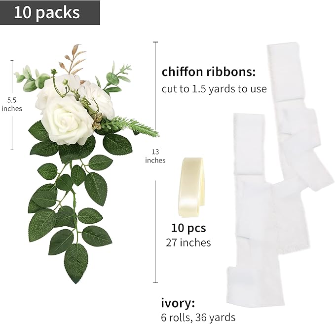 Artificial Rose Chair Flowers, White, Set of 10 for Wedding Aisle Decor