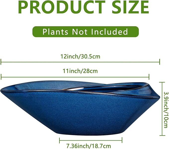 Planter Pot, Blue Ceramic Bonsai Pot with Drainage Hole, 12 Inch
