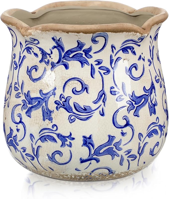 6 Inch Ceramic Plants Pots Vintage Ceramic Flower Planters Crackle Glaze Finish Flower Pots Decorative Floral Vintage Planters for Living Room Garden Home Decor Gifts(Chinoiserie)