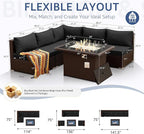 NICESOUL 6 Piece L Shaped Outdoor Sofa with Fire Pit Natural Gas/Propane, 29.3'' High-Back Comfy Wicker Patio Furniture Set Fireplace, Modern Deep Seat Conversations, Brown Rattan and Black Cushion