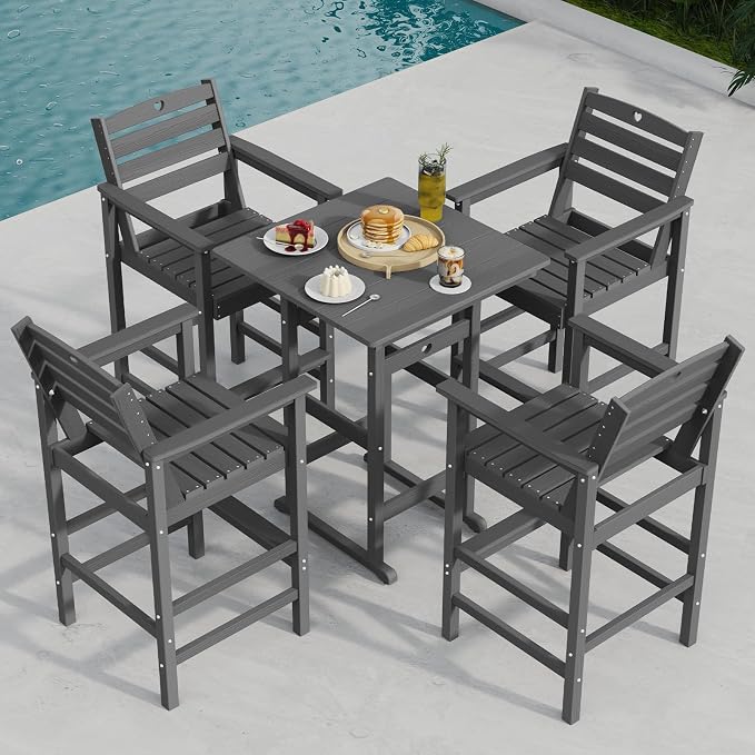 Bar Table Set with 2 Adirondack Chairs, Grey HDPE Outdoor Furniture