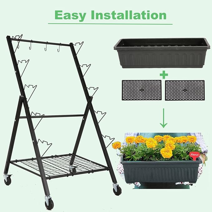 Homdox 5-Tier Vertical Garden Bed with Lockable Caster Wheels and Storage Rack - 4FT Vertical Raised Bed with 5 Garden Planter Boxes- Perfect to Grow Vegetables Herbs Flowers Indoor(Black)