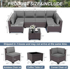 ALAULM Patio Furniture Set with Coffee Table, 7 Pieces Outdoor Sectional with Wide Seat and Thick Cushion, All Weather Wicker Rattan Conversation Set for Backyard, Garden, Deck, Grey
