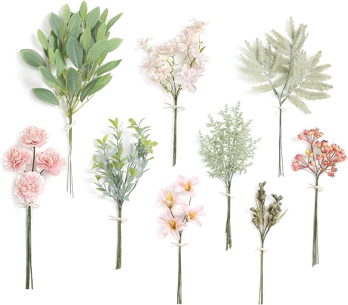 Artificial Plants Greenery Stems Set, 47 Pieces in 9 Varieties, Pink & Green