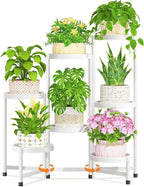 LASZOLA 7 Tiered Folding Plant Stand Indoor for Multiple Large Planter, Tall Heavy Duty Adjustable Rack with Rust Proof Plastic Shelving, Sturdy Vertical Tree Organizer for Narrow Inside Floor, White