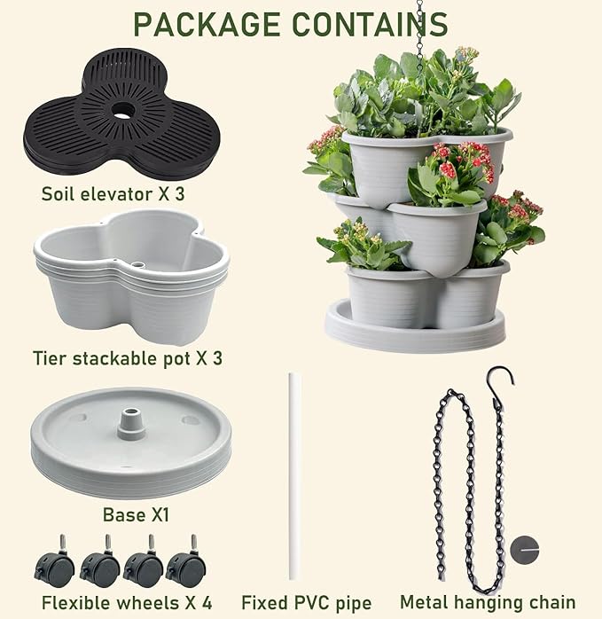 Vertical Strawberry Planter 3 Tier Hanging Vertical Gardening Stackable Planter, Hanging Strawberry Planter Pot for Strawberries, Flowers, Herbs, Vegetables with Removable Wheels and Hooks